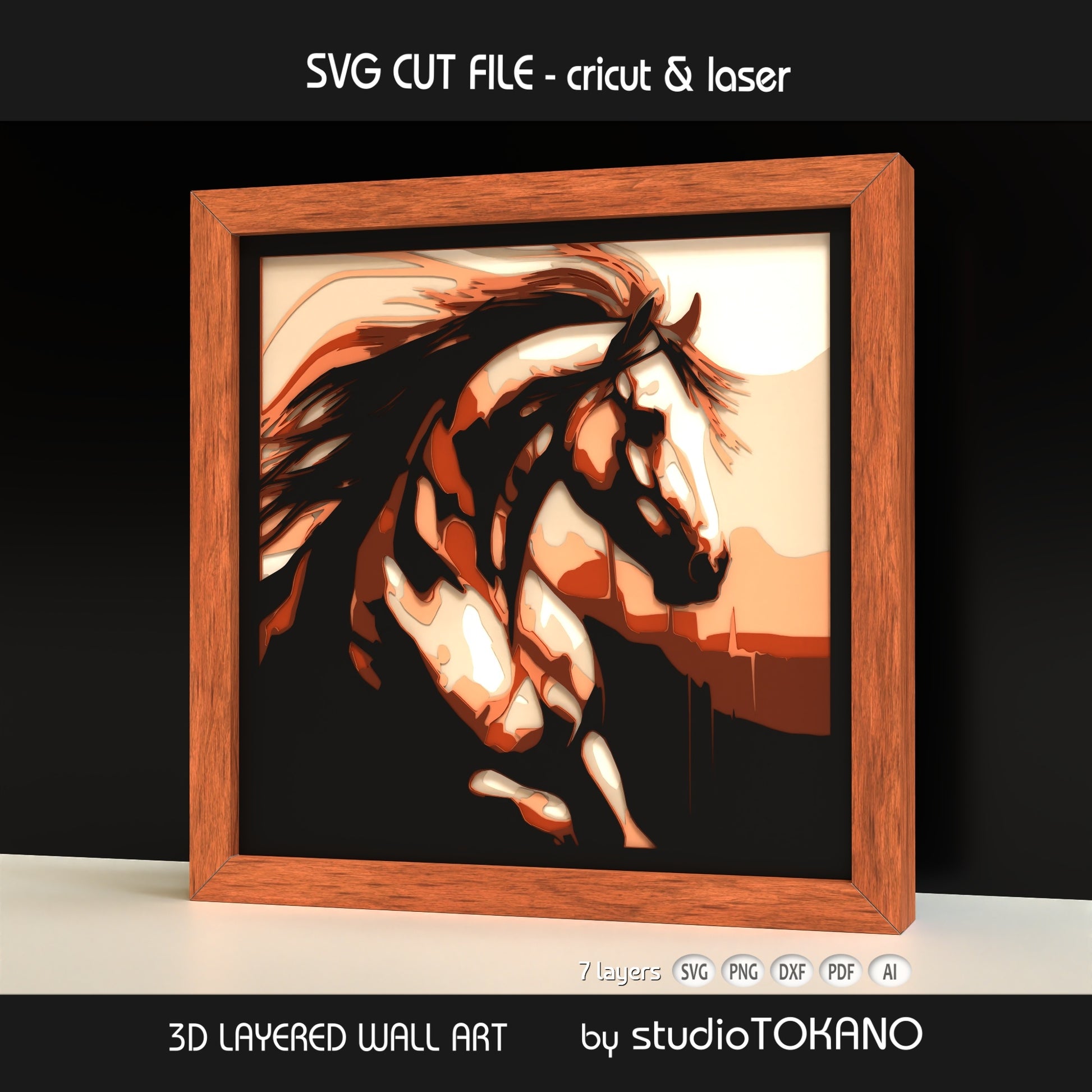 Framed horse layered wall art shown from an angled view, highlighting the 3D depth, stacked cardstock layers, and graceful equestrian design.