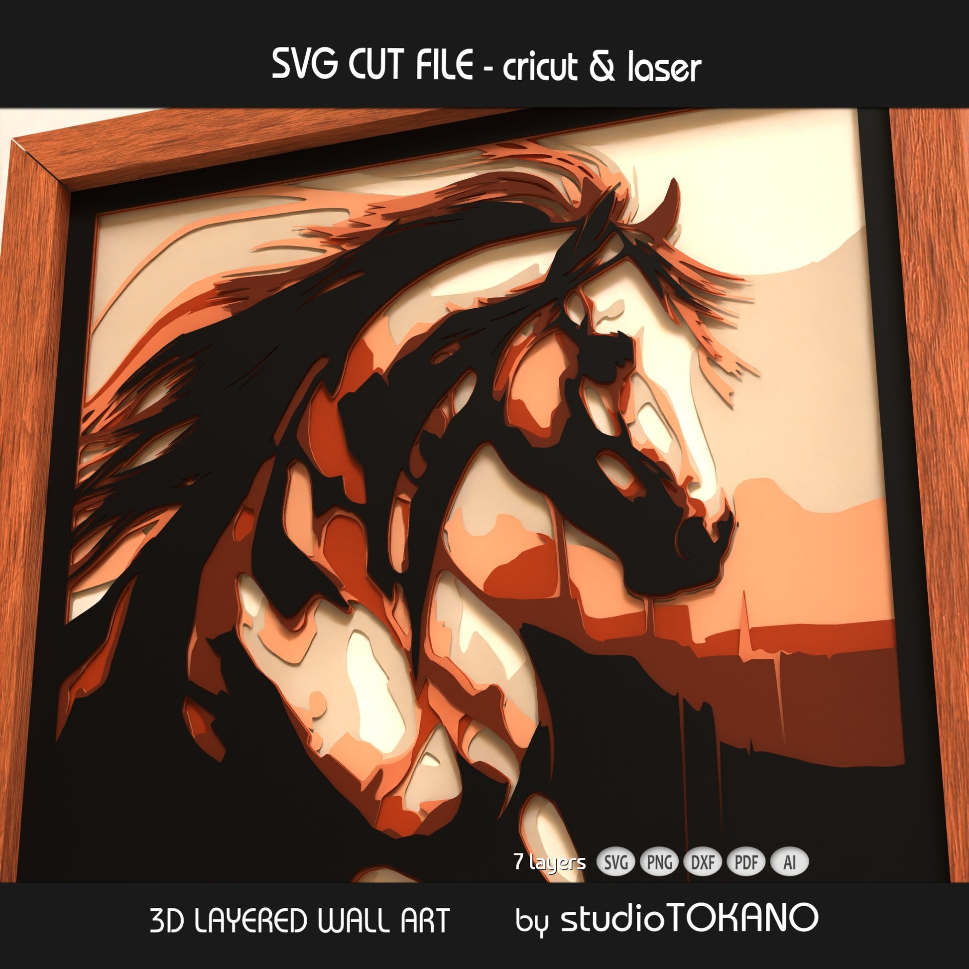 7-layer horse shadow box SVG created as a Cricut, Silhouette, Glowforge, and xTool cut file for animal wall decor.