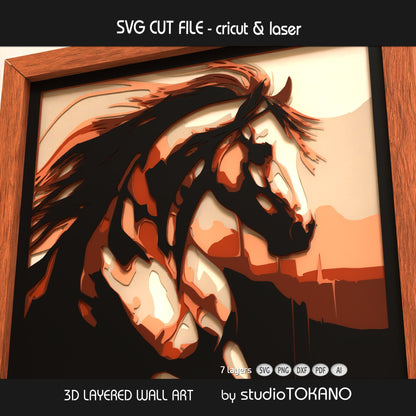 7-layer horse shadow box SVG created as a Cricut, Silhouette, Glowforge, and xTool cut file for animal wall decor.