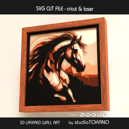 Horse papercut wall art displayed in a shadow box frame, featuring timeless animal detail and dimensional 3D layered cardstock construction.