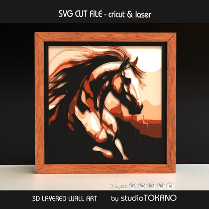 Horse shadow box SVG displayed as framed 7-layer animal wall art in natural cardstock colors for Cricut and laser cutting.