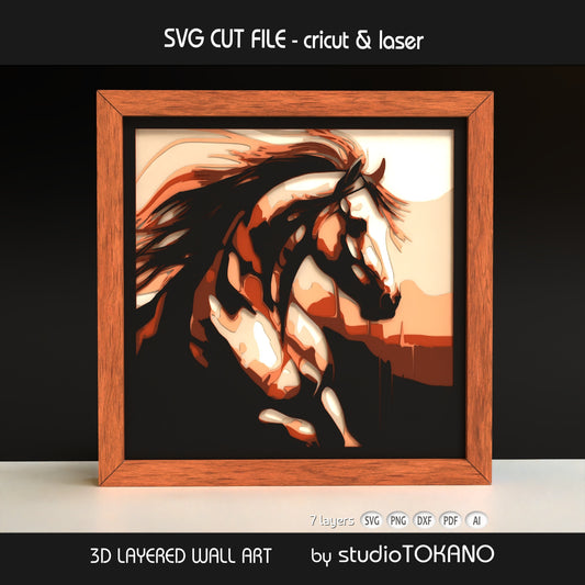 Horse shadow box SVG displayed as framed 7-layer animal wall art in natural cardstock colors for Cricut and laser cutting.