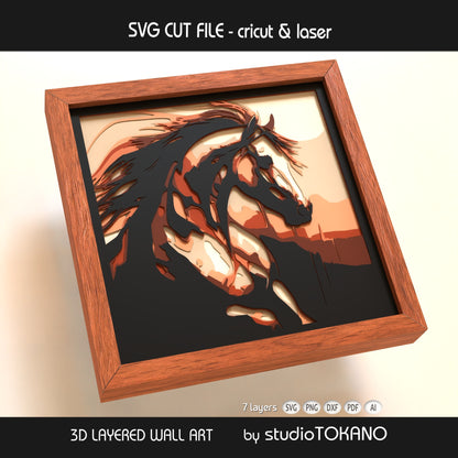 Horse shadow box SVG shown as finished framed wall art, perfect for horse lover gifts, rustic decor, and layered paper craft projects.