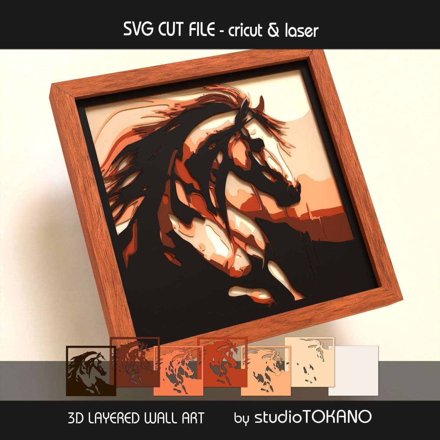 Horse shadow box SVG layer guide showing the separate papercut layers and color arrangement for Cricut and laser cut assembly.