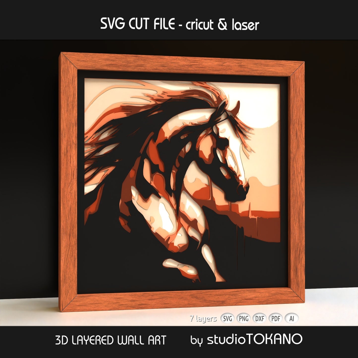 Side-angle view of the horse shadow box SVG showing clean cut edges, dimensional cardstock layers, and elegant animal artwork.