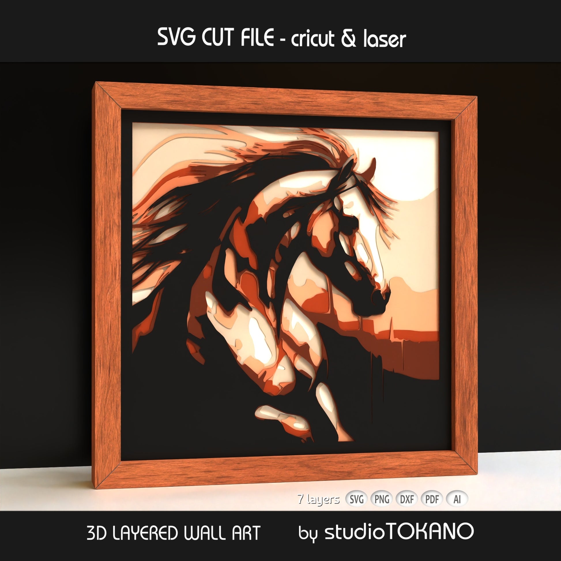 Side-angle view of the horse shadow box SVG showing clean cut edges, dimensional cardstock layers, and elegant animal artwork.