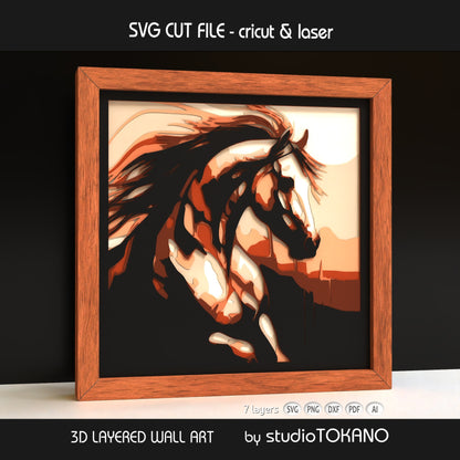 Side-angle view of the horse shadow box SVG showing clean cut edges, dimensional cardstock layers, and elegant animal artwork.