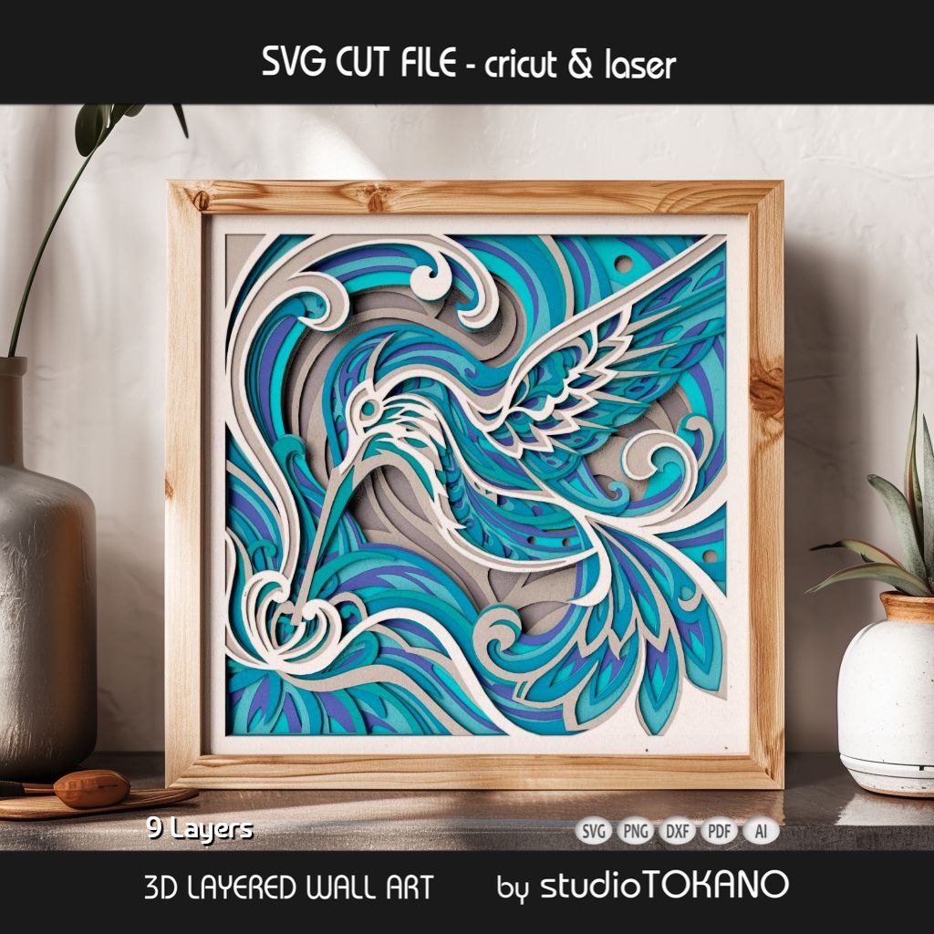 Hummingbird 3D layered shadow box art designed as a Cricut and laser cut file for floral wall decor and bird lover gifts.