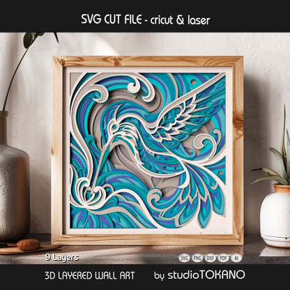 Hummingbird 3D layered shadow box art designed as a Cricut and laser cut file for floral wall decor and bird lover gifts.