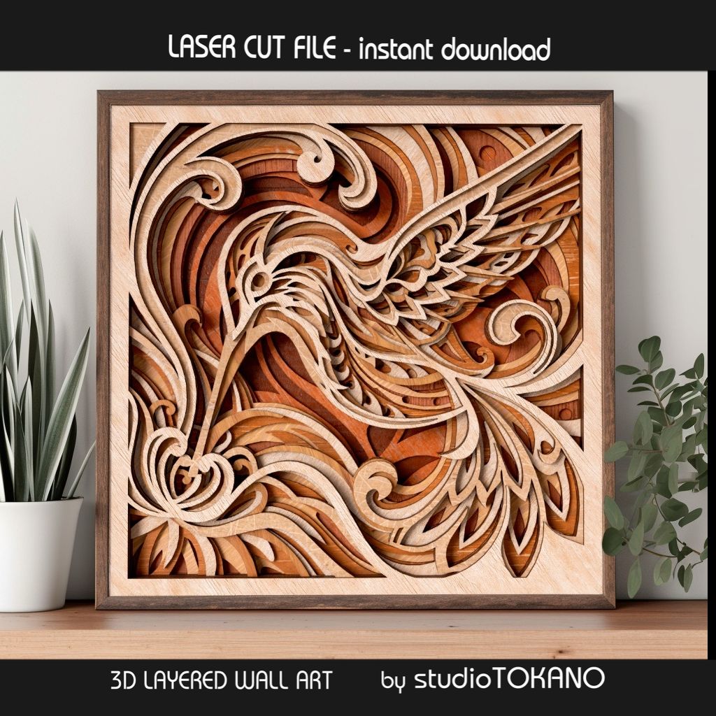 light wood version of the hummingbird laser cut design, shown to reveal the natural depth and structure of the layers.