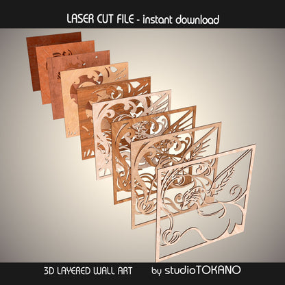 Layer guide preview for the hummingbird laser cut file showing the separate SVG layers used to build the 3D wood wall art design.
