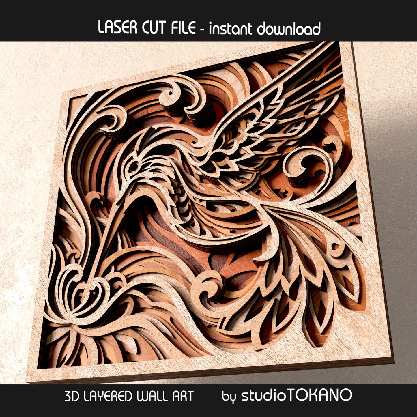 Hummingbird laser cut SVG shown as layered wooden wall decor with botanical curves, floral accents, and a refined finished look.