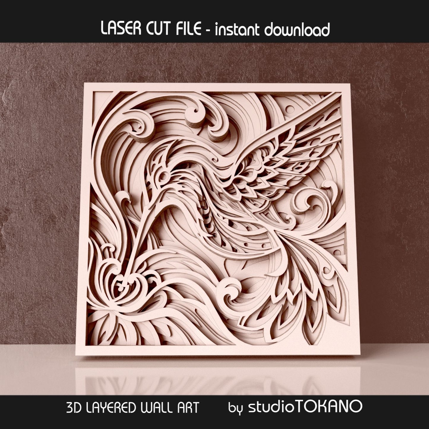 Hummingbird laser cut wall art displayed as a decorative wood project for bird lovers, floral interiors, and handmade home decor.