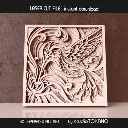 Hummingbird laser cut wall art displayed as a decorative wood project for bird lovers, floral interiors, and handmade home decor.