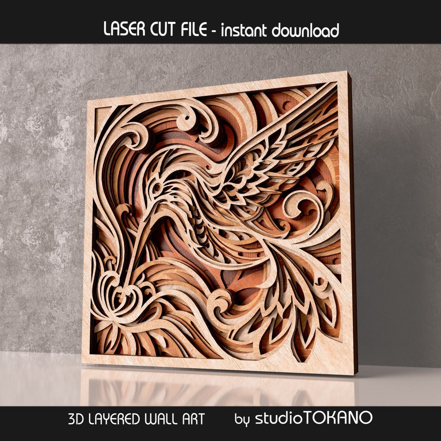 Hummingbird layered laser cut design displayed in wood tones, showing the elegant bird shape, floral details, and dimensional laser-cut layers.