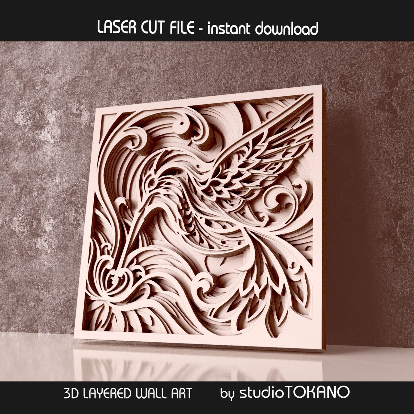 Natural depth preview of the hummingbird layered laser file, showing the design in a light unpainted finish without color effects.
