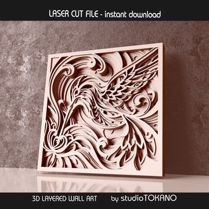 Natural depth preview of the hummingbird layered laser file, showing the design in a light unpainted finish without color effects.
