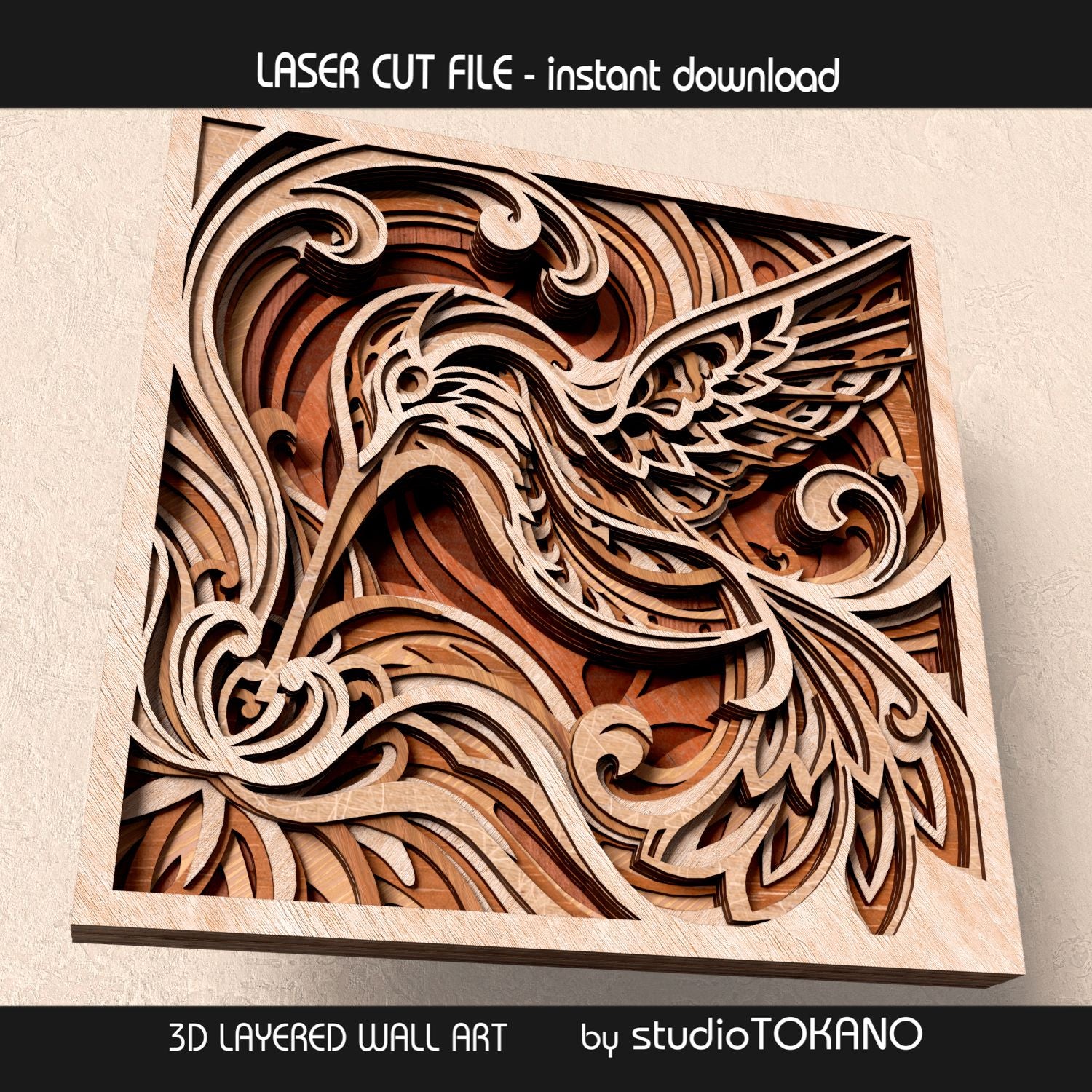 Side-angle render of the hummingbird layered wood artwork, showing the 3D depth created by stacked plywood or MDF layers.