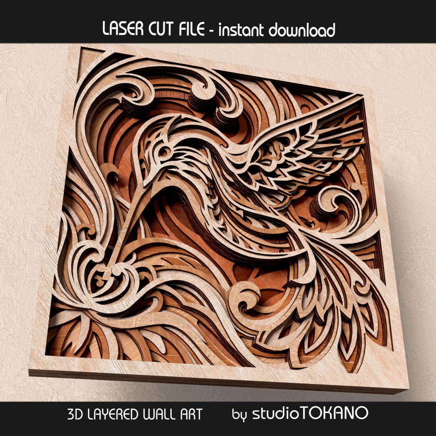 Close-up view of the hummingbird multilayer laser cut file, highlighting flowing wing shapes, clean bridges, and stacked wood depth.