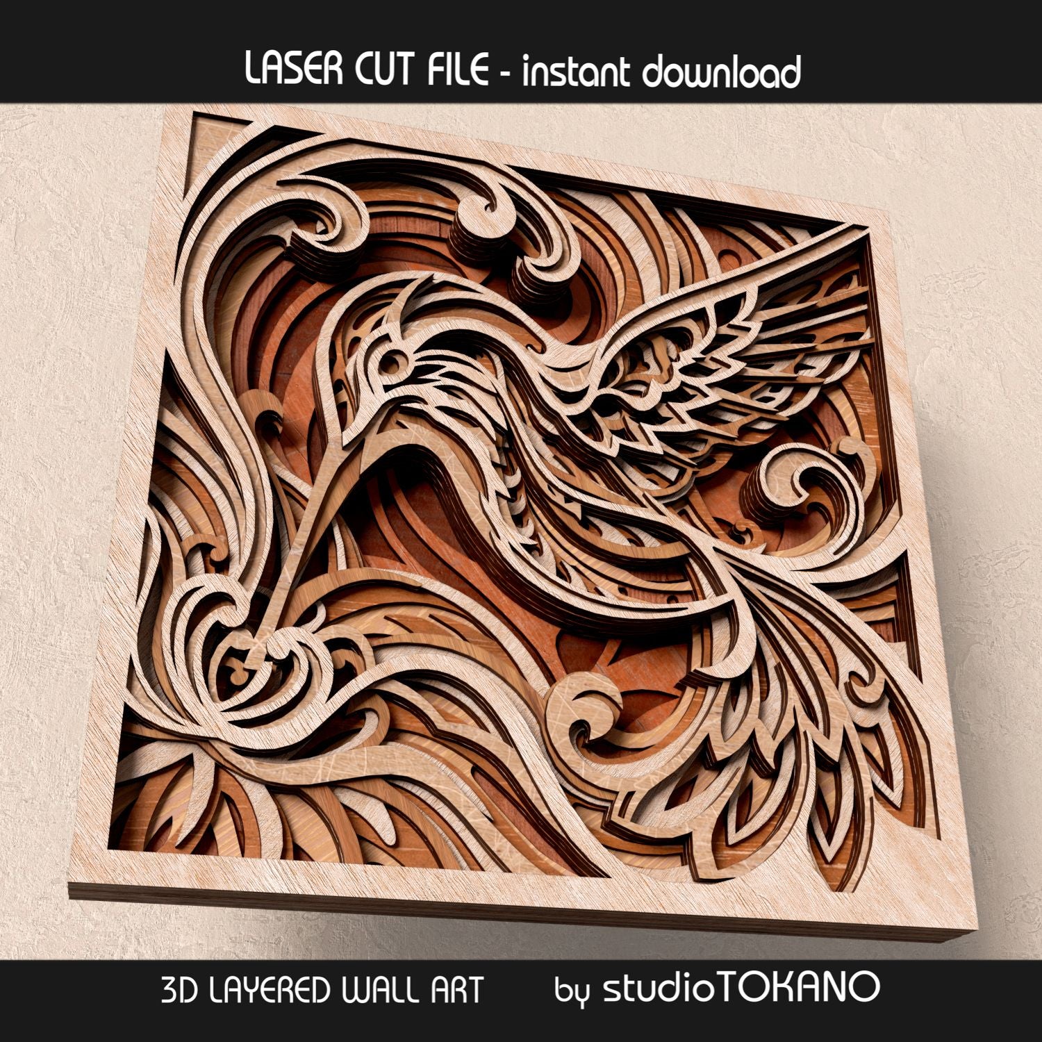 Close-up view of the hummingbird multilayer laser cut file, highlighting flowing wing shapes, clean bridges, and stacked wood depth.