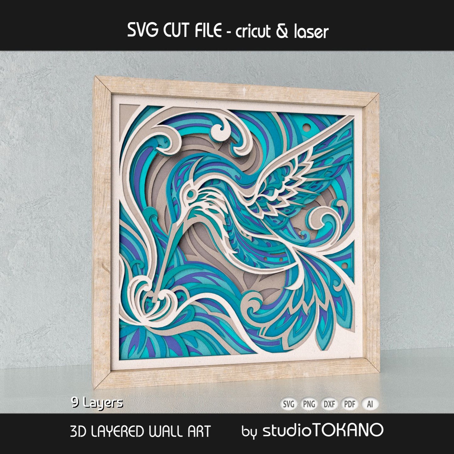Hummingbird shadow box SVG shown as elegant bird wall decor for Cricut, Silhouette, Glowforge, and xTool projects.