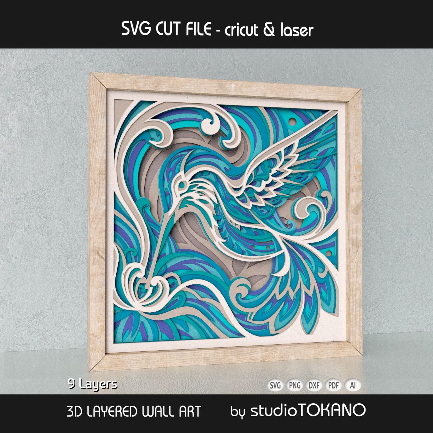 Hummingbird shadow box SVG shown as elegant bird wall decor for Cricut, Silhouette, Glowforge, and xTool projects.