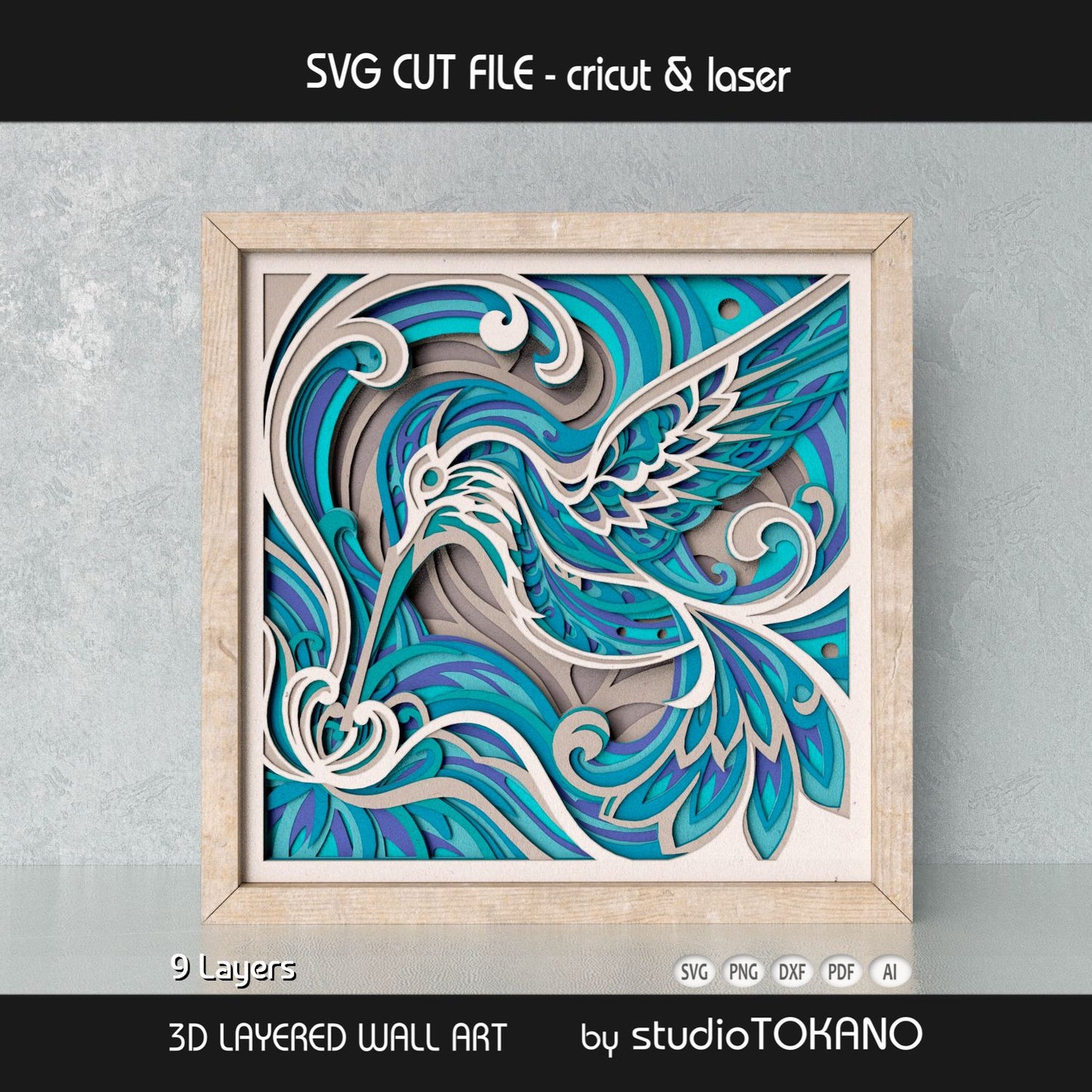 Hummingbird shadow box SVG displayed as framed 9-layer floral wall art for Cricut and laser cutting.