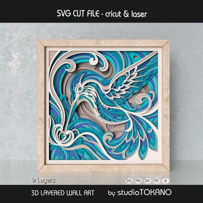Hummingbird shadow box SVG displayed as framed 9-layer floral wall art for Cricut and laser cutting.