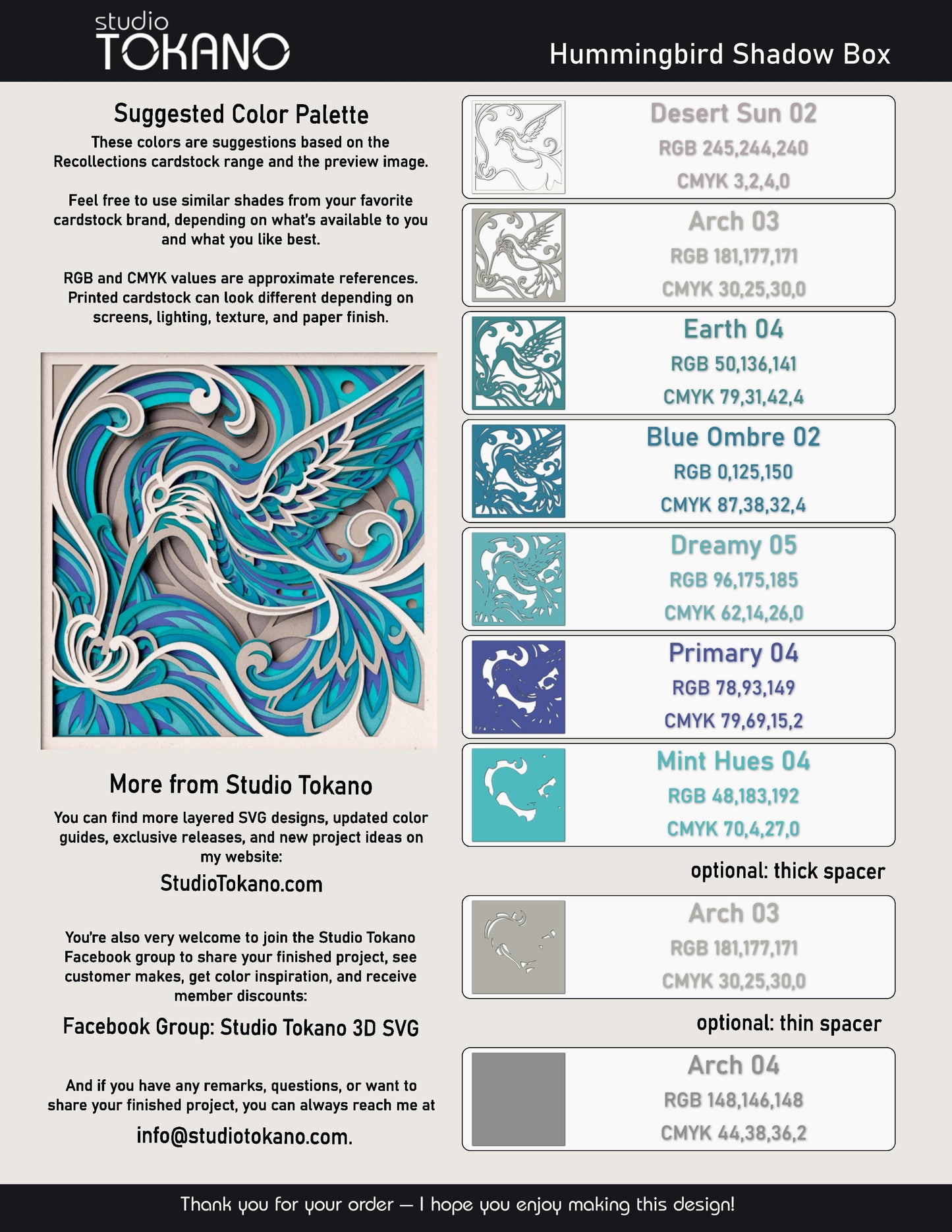 Hummingbird shadow box SVG layer guide showing the separate papercut layers and color arrangement for Cricut and laser cut assembly.
