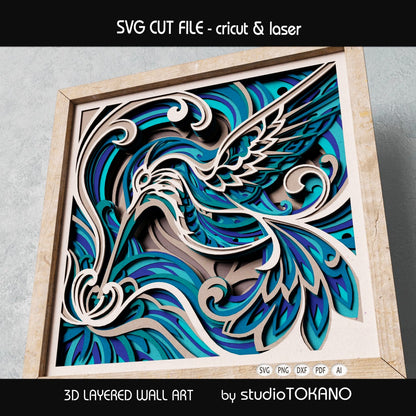 Side-angle view of the hummingbird shadow box SVG showing clean cut edges, layered cardstock depth, and floral papercut detail.