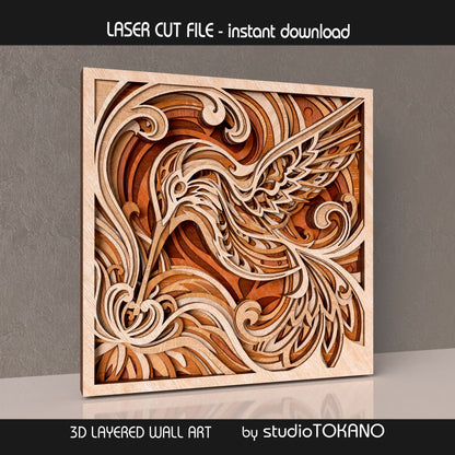Finished hummingbird wood wall art render showing a 9-layer laser cut file with clean cut details and strong natural depth.