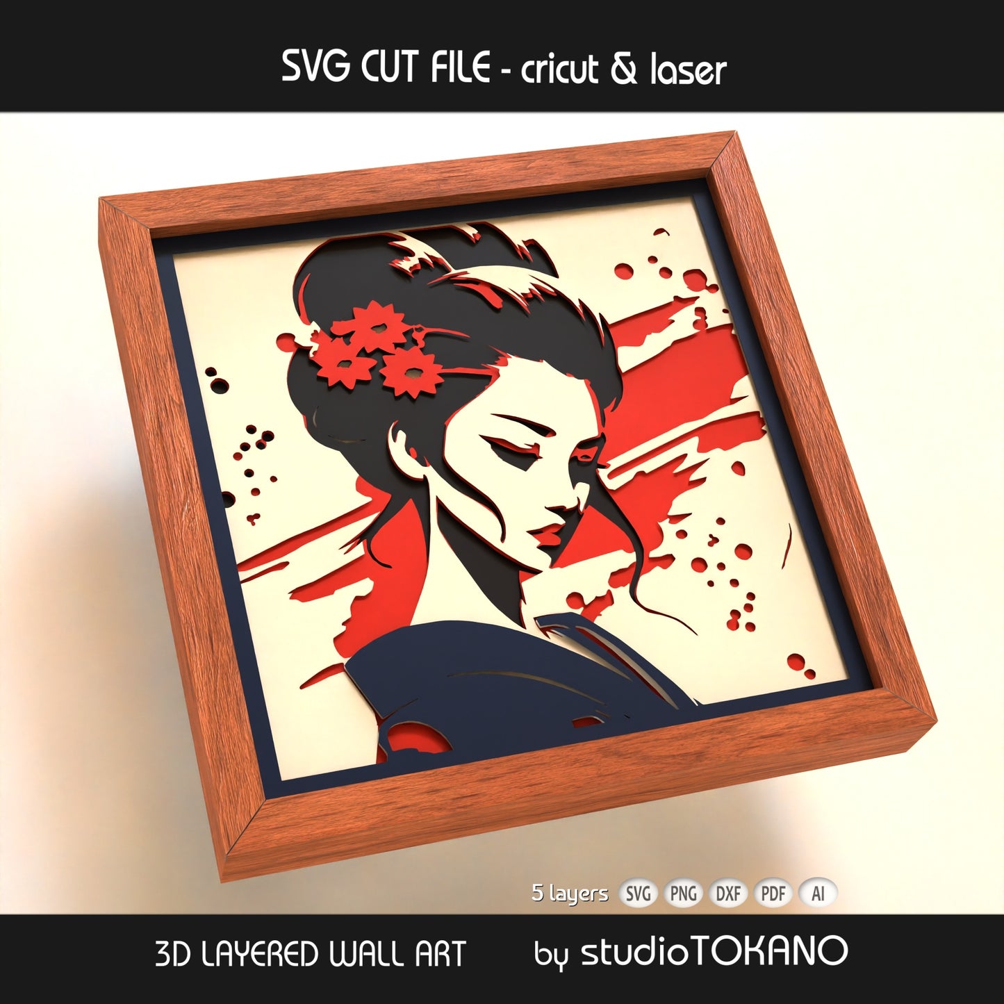 Japanese geisha papercut wall art displayed in a shadow box frame as elegant portrait decor and handmade craft art.