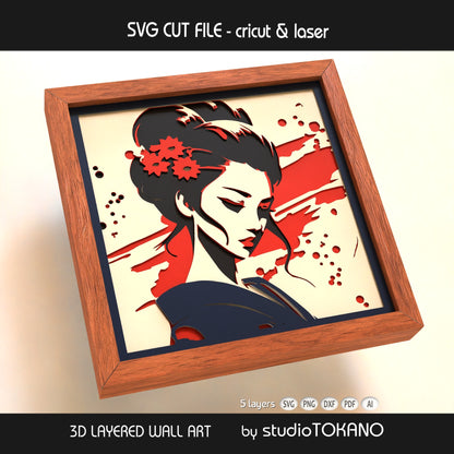 Japanese geisha papercut wall art displayed in a shadow box frame as elegant portrait decor and handmade craft art.