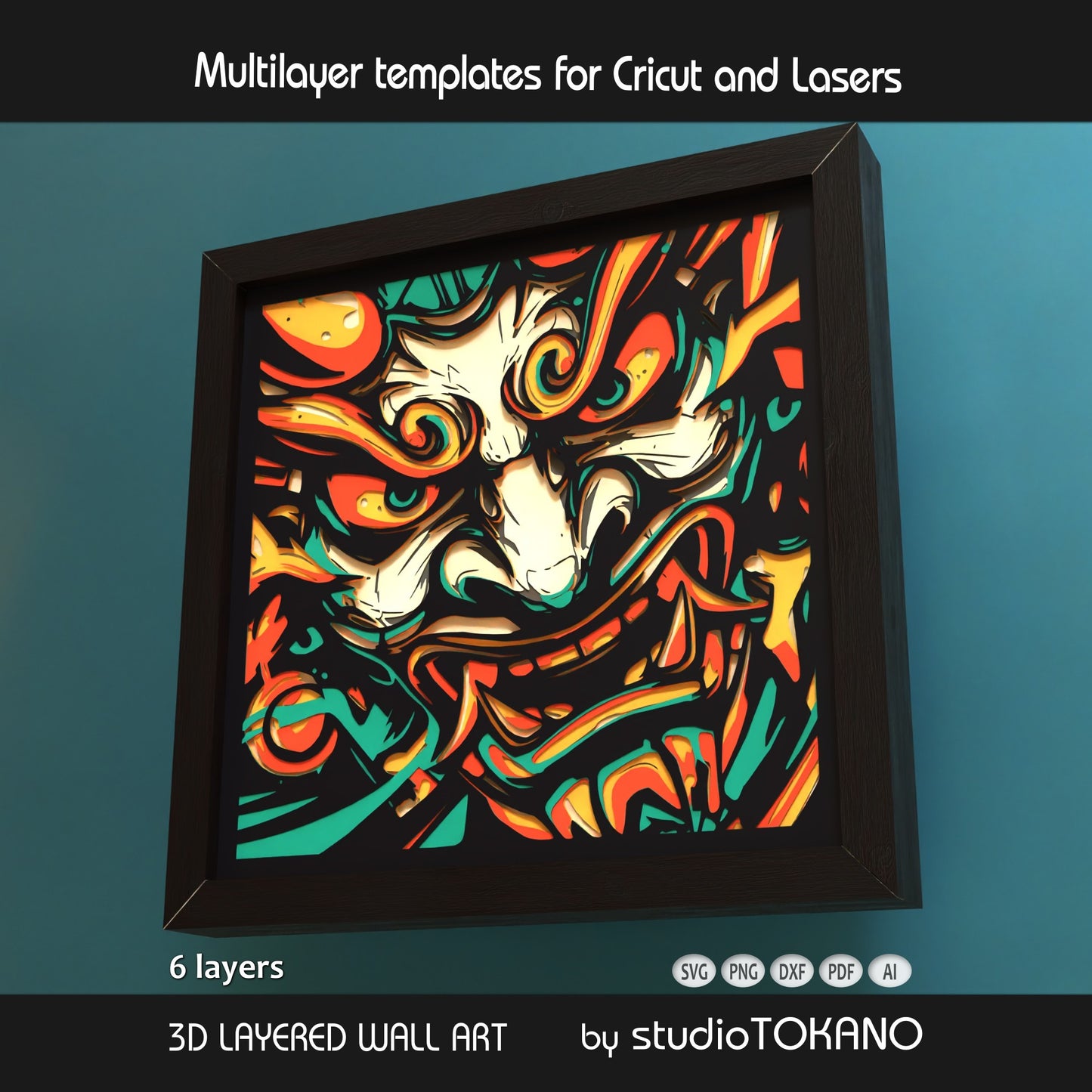 Japanese oni mask papercut wall art displayed in a shadow box frame as bold fantasy decor and statement craft art.
