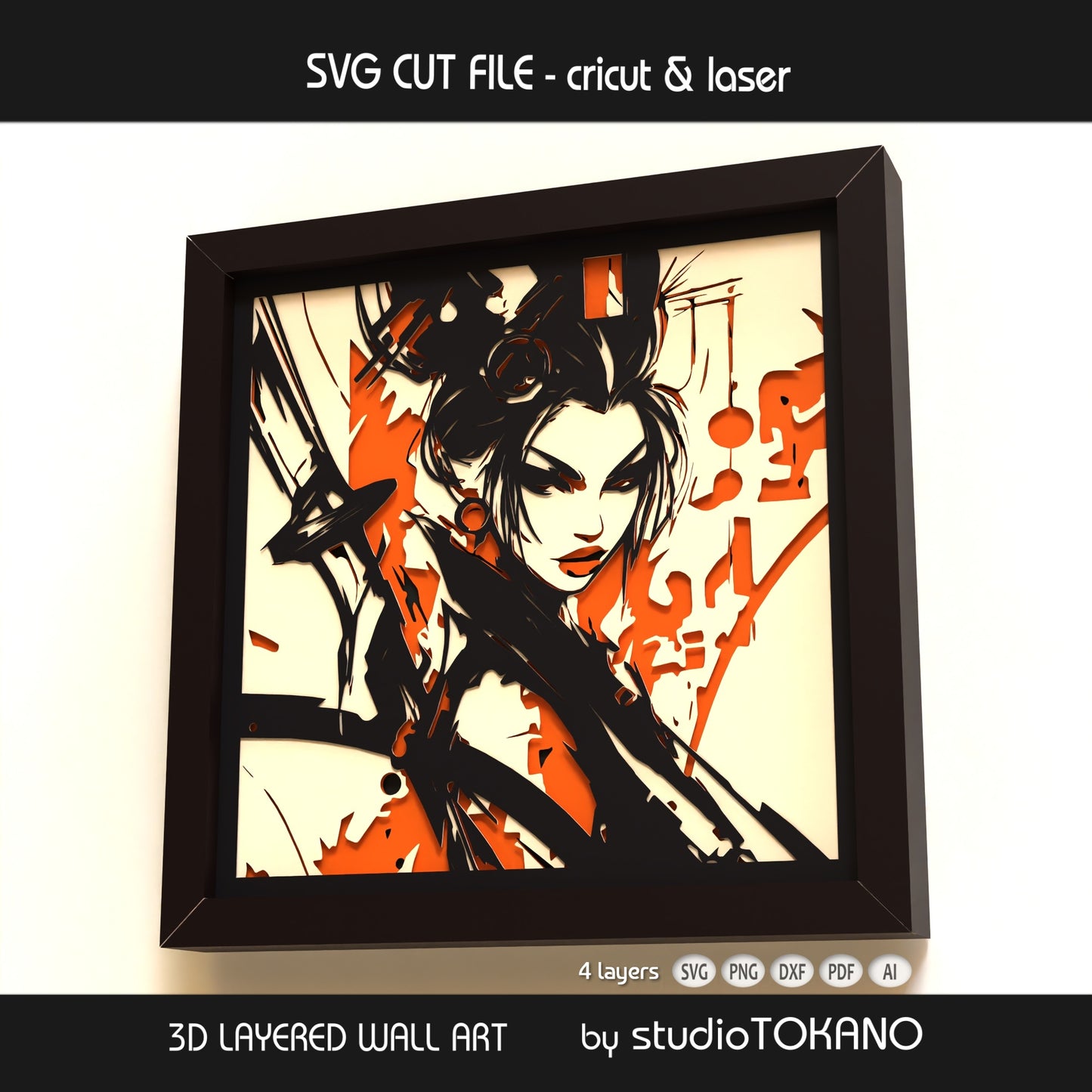 Japanese warrior geisha SVG design displayed as framed multilayer paper art with clean cut details and dimensional depth.