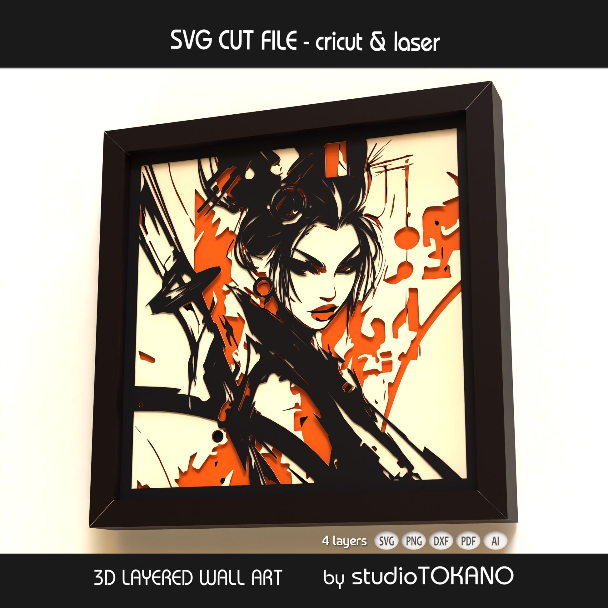 Japanese warrior geisha SVG design displayed as framed multilayer paper art with clean cut details and dimensional depth.