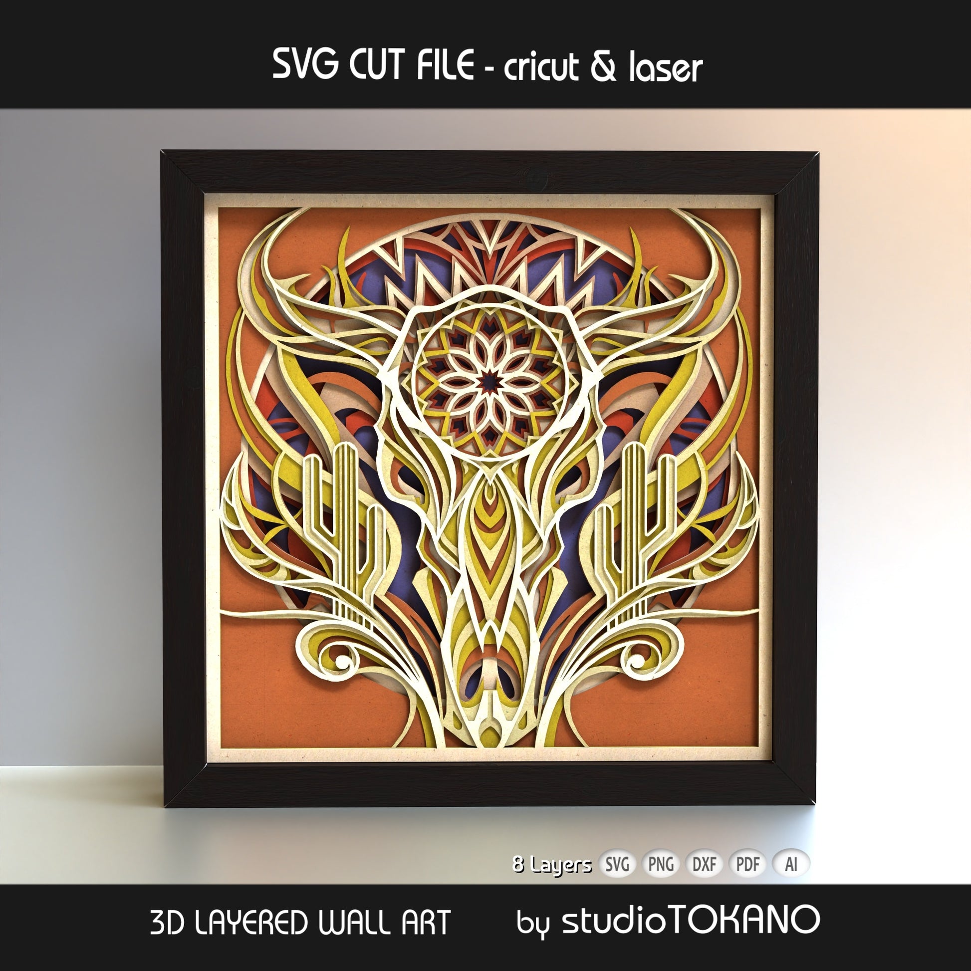 Cow Skull shadow box SVG shown as finished 8-layer 3D layered papercut wall art in cardstock for Cricut and laser cutting.