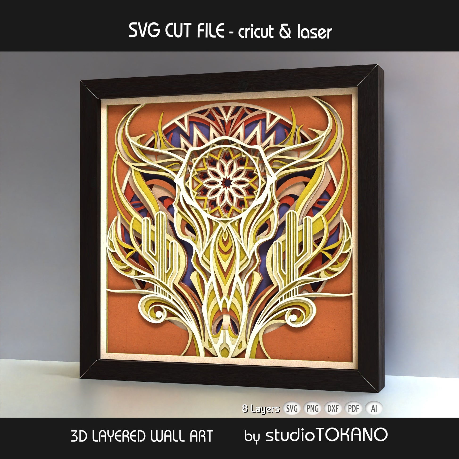 Buffalo Skull layered SVG shadow box with Western desert detail, cactus shapes, stacked cardstock layers, and dimensional 3D depth.