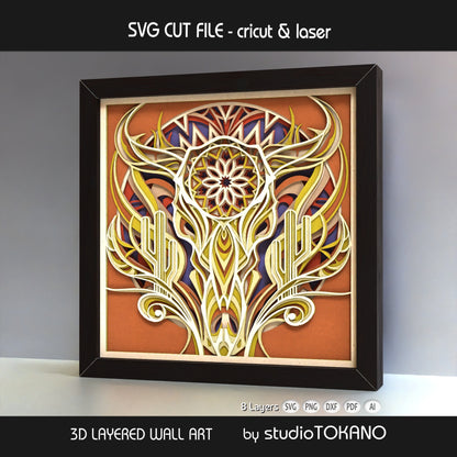 Buffalo Skull layered SVG shadow box with Western desert detail, cactus shapes, stacked cardstock layers, and dimensional 3D depth.