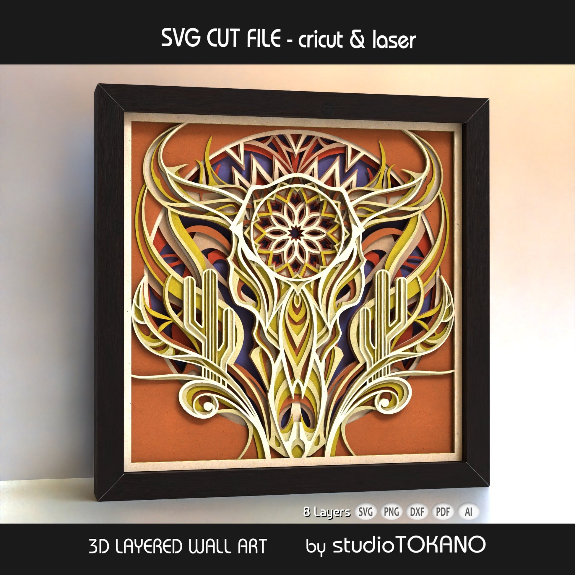 Cow Skull papercut SVG design shown as framed multilayer wall art with Mexican, Texas, and farmhouse decor style.