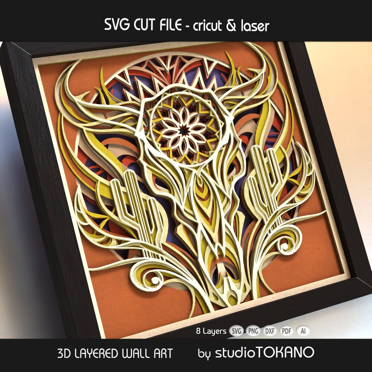 Western Cow Skull 3D layered wall art in cardstock, shown as a shadow box file for Cricut, Glowforge, xTool, and laser cutters.