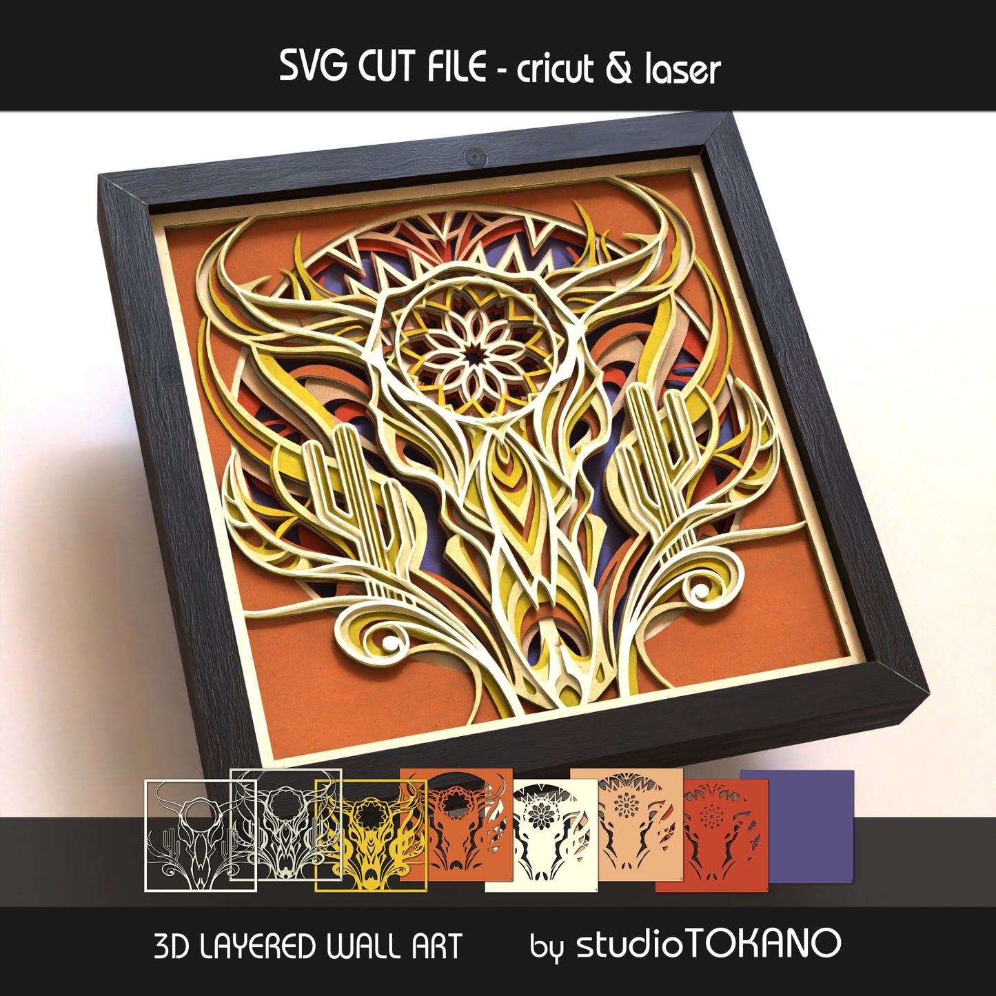 Cow Skull shadow box SVG with all 8 layers separated to show the multilayer papercut build and file structure.