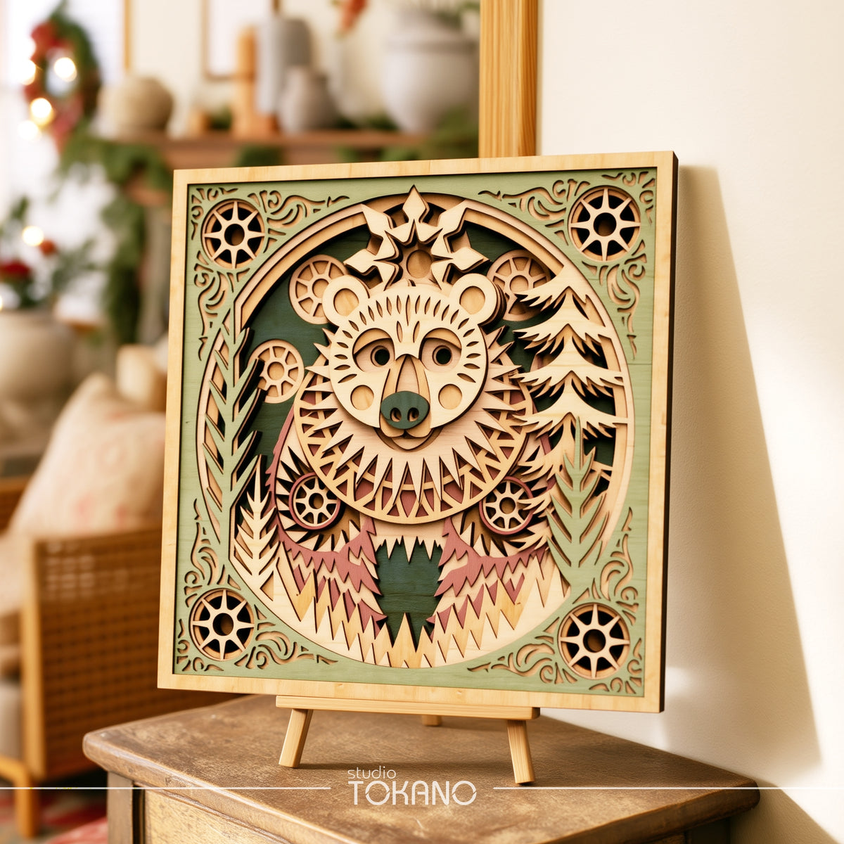 Folk Bear Laser Cut SVG | 8-Layer Wooden Wall Art