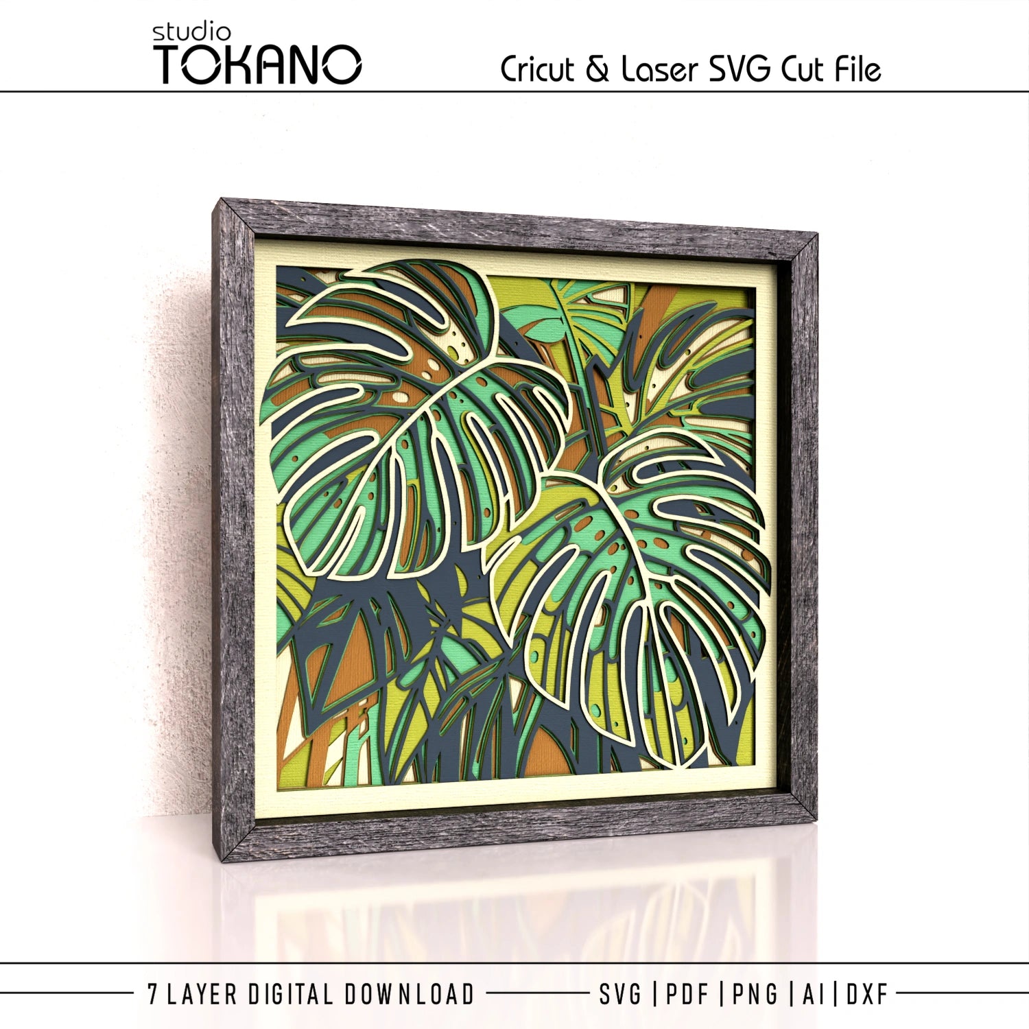 Side view of the tropical Monstera shadow box showing the depth created by seven stacked layers
