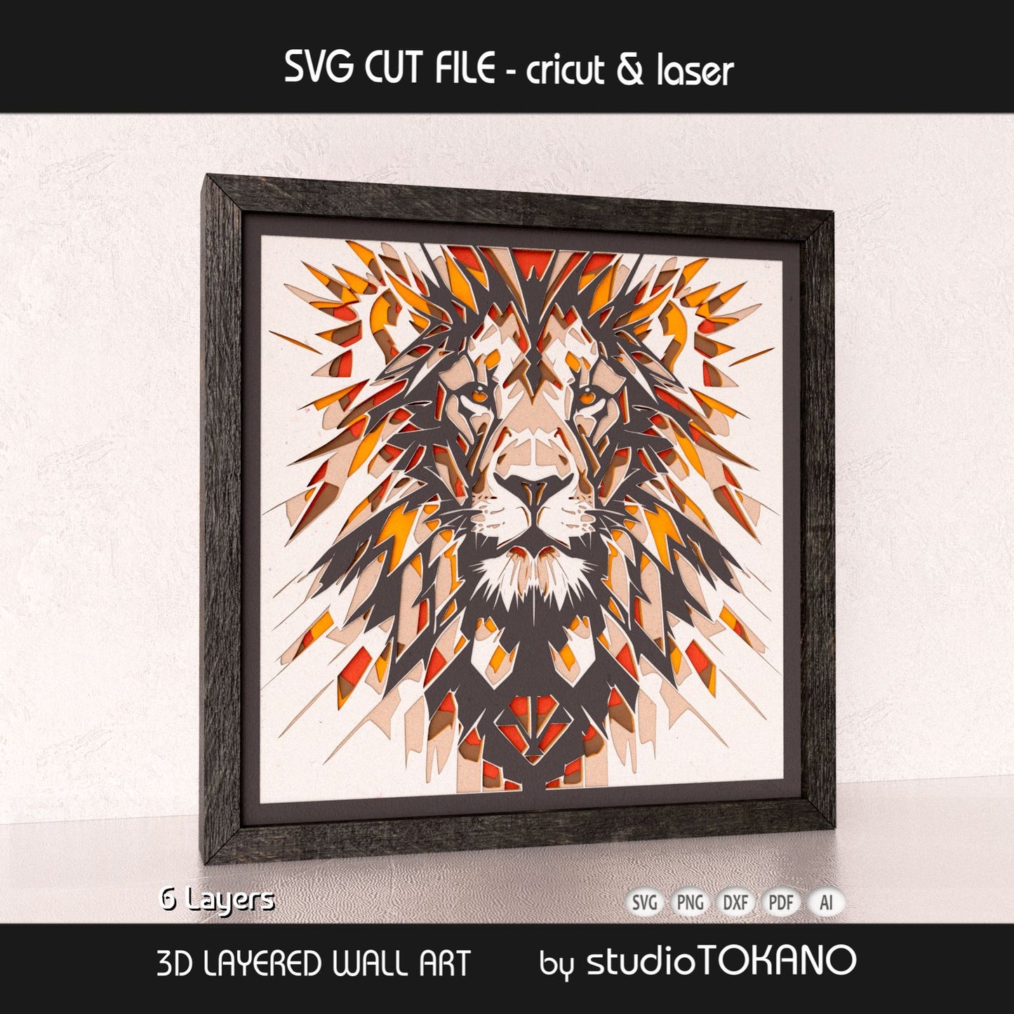 Lion 3D layered shadow box art designed as a Cricut and laser cut file for wildlife decor and statement wall art.