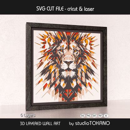 Lion 3D layered shadow box art designed as a Cricut and laser cut file for wildlife decor and statement wall art.