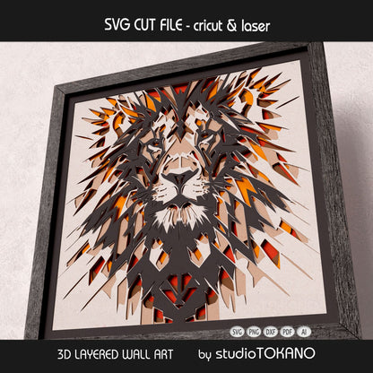 Close-up of the lion layered SVG design showing sharp facial shapes, fiery color depth, and stacked 6-layer construction.