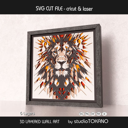 Lion papercut wall art displayed in a shadow box frame as bold safari-inspired home decor.