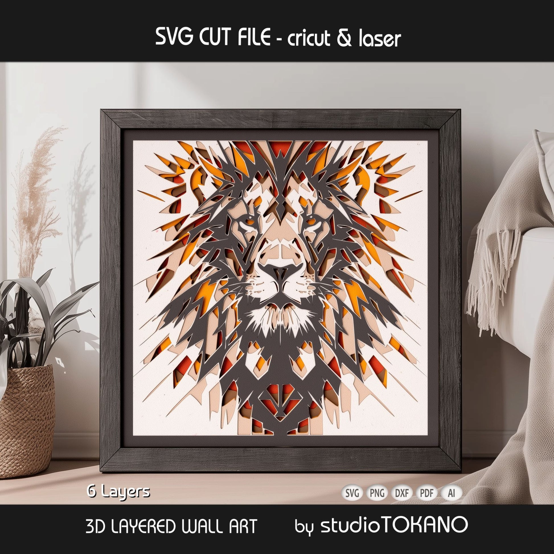 Lion shadow box SVG displayed as framed 6-layer wildlife wall art for Cricut and laser cutting.