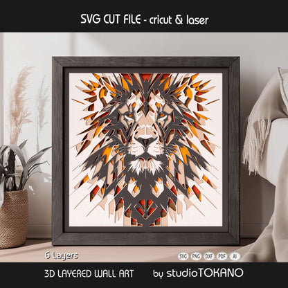 Lion shadow box SVG displayed as framed 6-layer wildlife wall art for Cricut and laser cutting.